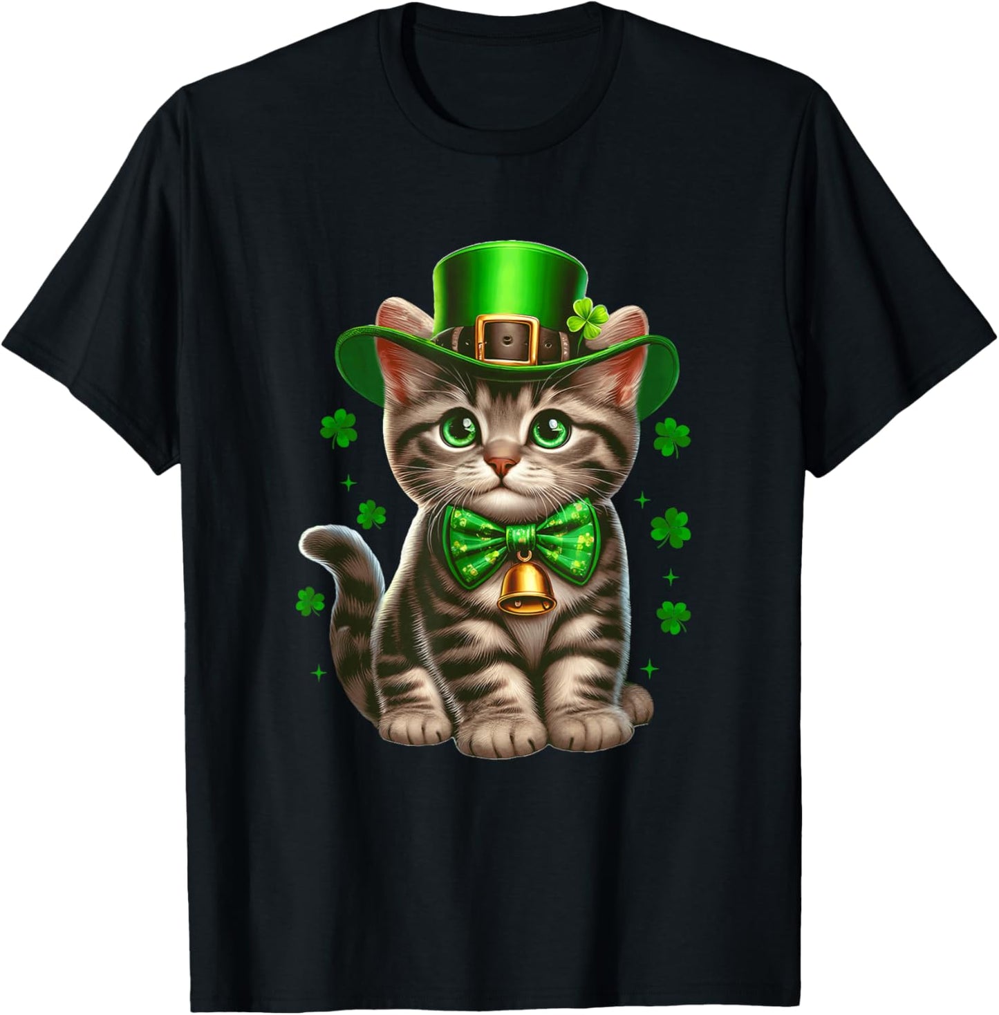 Cute Cat St Patricks Day Clover Cat Mom Irish Lucky Shamrock T-Shirt - T-Shirt | Black