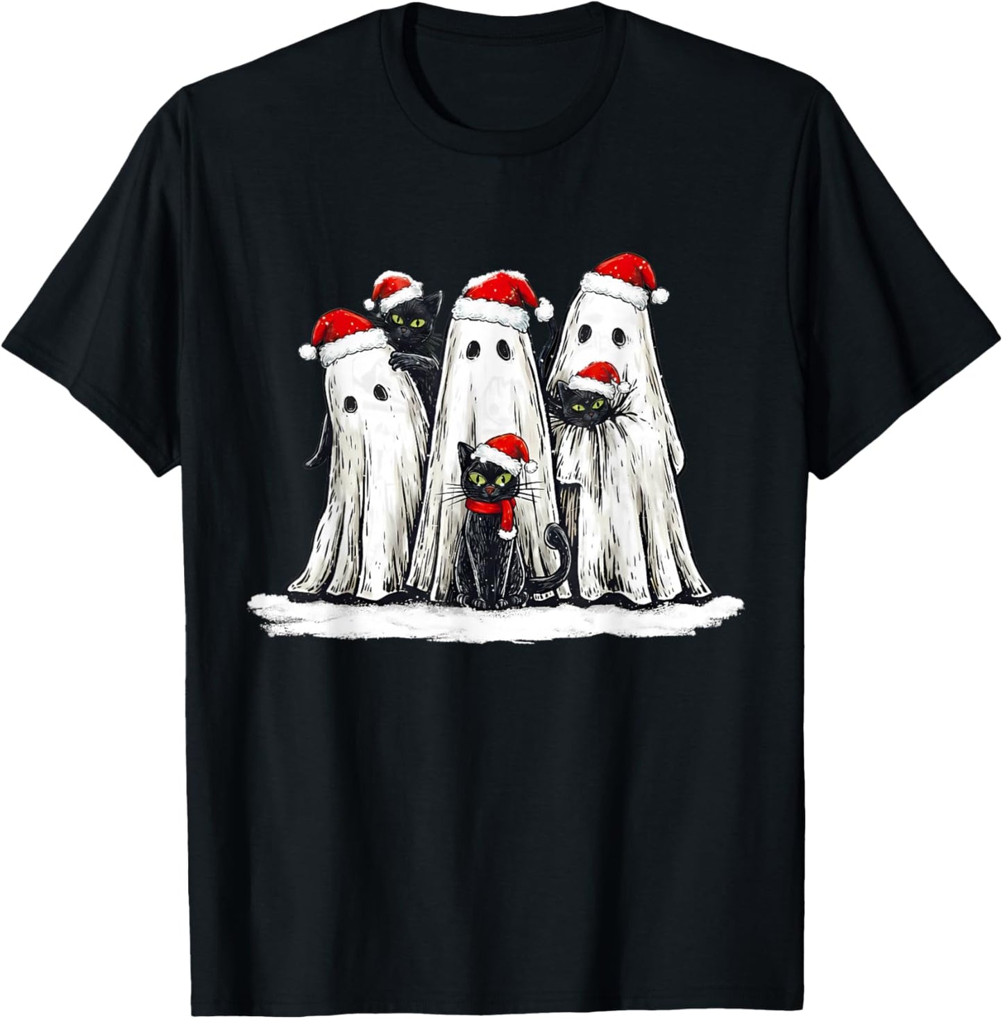 Vintage Christmas Ghost Holding Black Cat Groovy T-Shirt - T-Shirt | Black