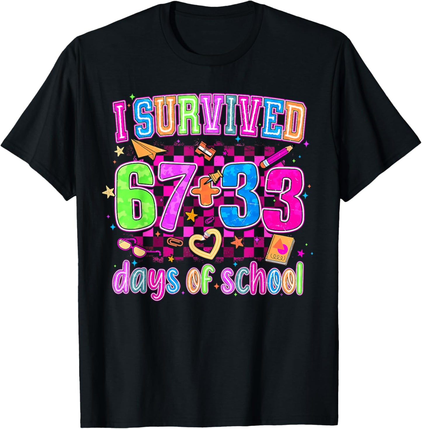 Preppy I Survived 67 + 33 100 Days of School Teacher Student T-Shirt - T-Shirt | Black