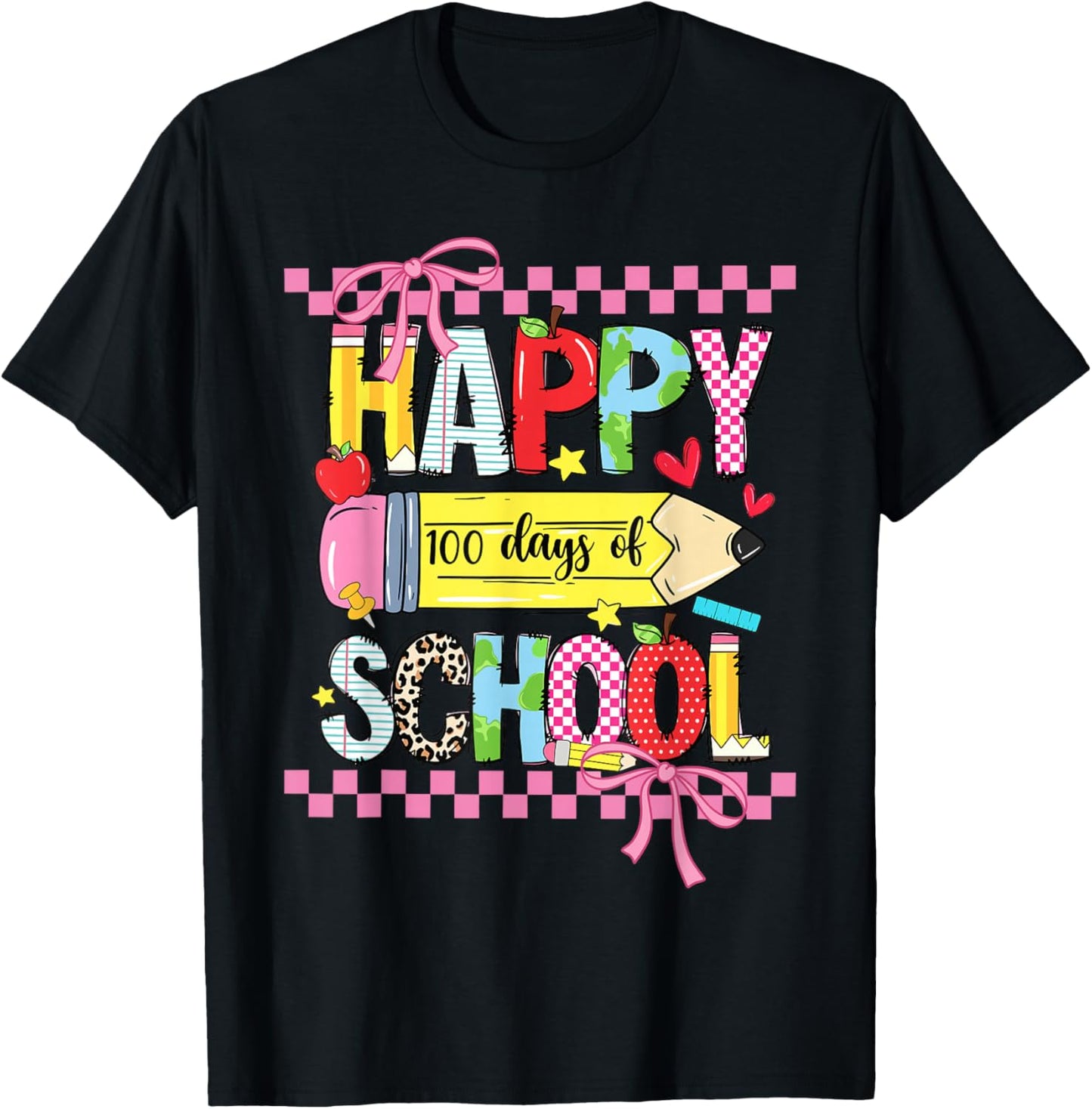 Happy 100th Day of School Teacher Girls Coquette Bow 100 Day T-Shirt - T-Shirt | Black