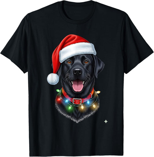 Black Lab Labrador Christmas Dog Santa Hat Light Pajama Xmas T-Shirt - T-Shirt | Black
