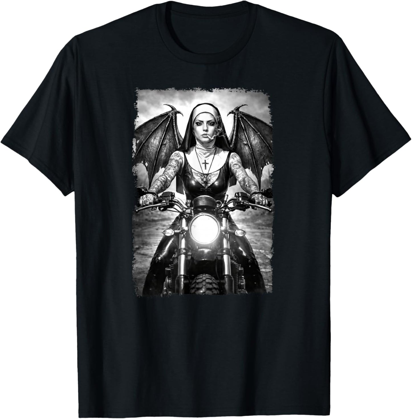 Gothic Tattoo Biker Smoking Nun with Wings, Dark Urban Art T-Shirt - T-Shirt | Black