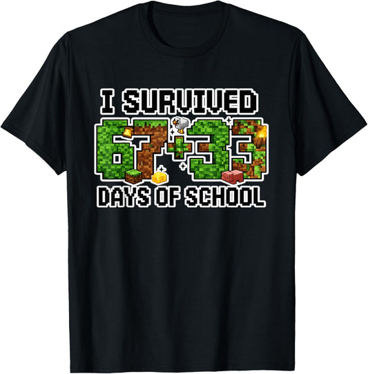 I Survived 67+33 Days of School Pixel Block Gamer Six Seven T-Shirt - T-Shirt | Black