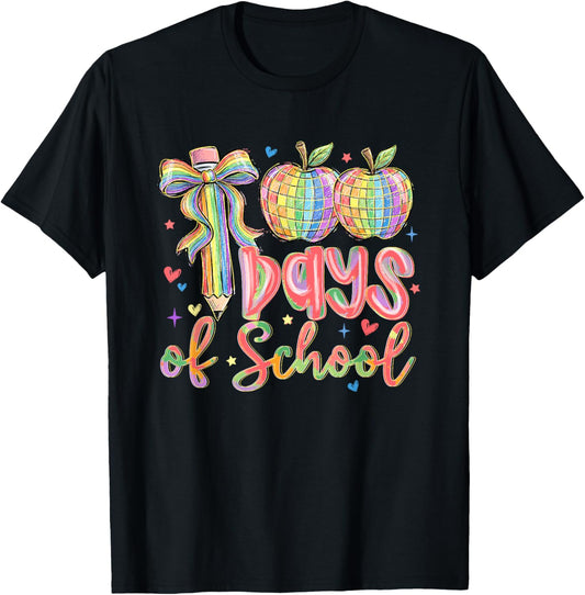 100 Days of School Pencil Bow Disco 100th Day Teacher Girls T-Shirt - T-Shirt | Black