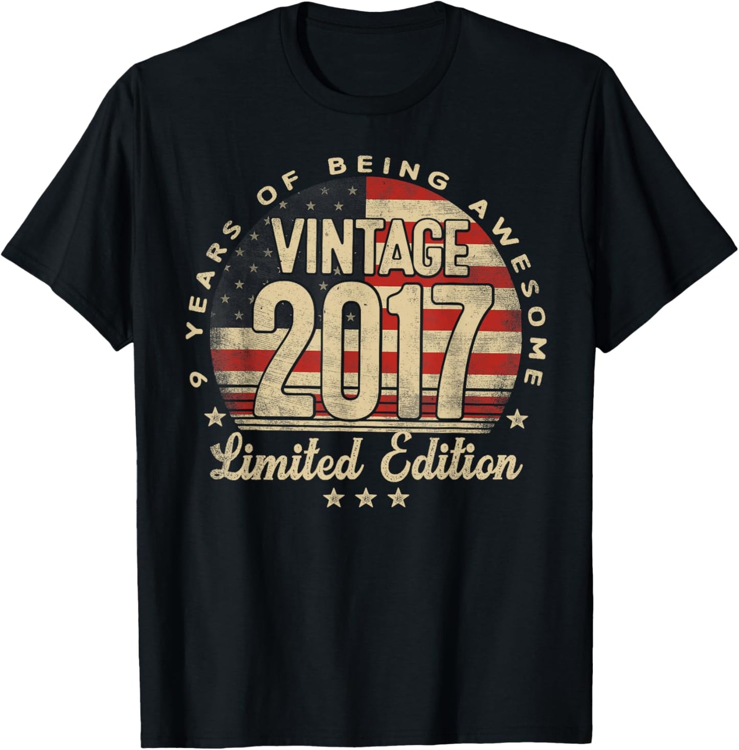 Vintage 2017 Limited Edition USA Flag 9-Year-Old Age 9 T-Shirt - T-Shirt | Black