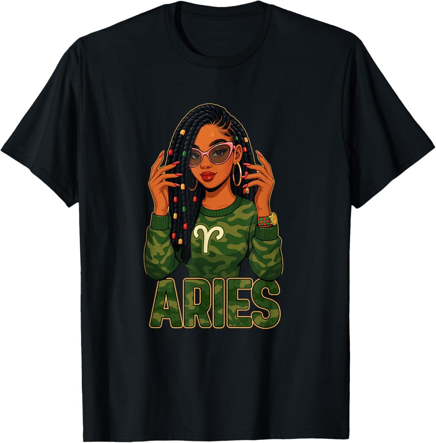 Aries Queen Aries Zodiac Sign Loc'd Afro Girl T-Shirt - T-Shirt | Black
