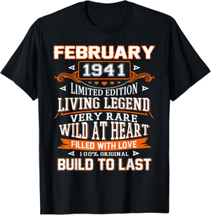 85th Birthday Gift Build to Last February 1941 85 Years Old T-Shirt - T-Shirt | Black
