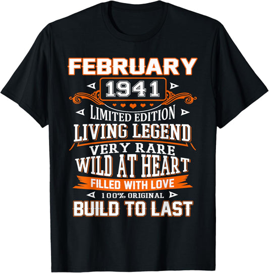 85th Birthday Gift Build to Last February 1941 85 Years Old T-Shirt - T-Shirt | Black