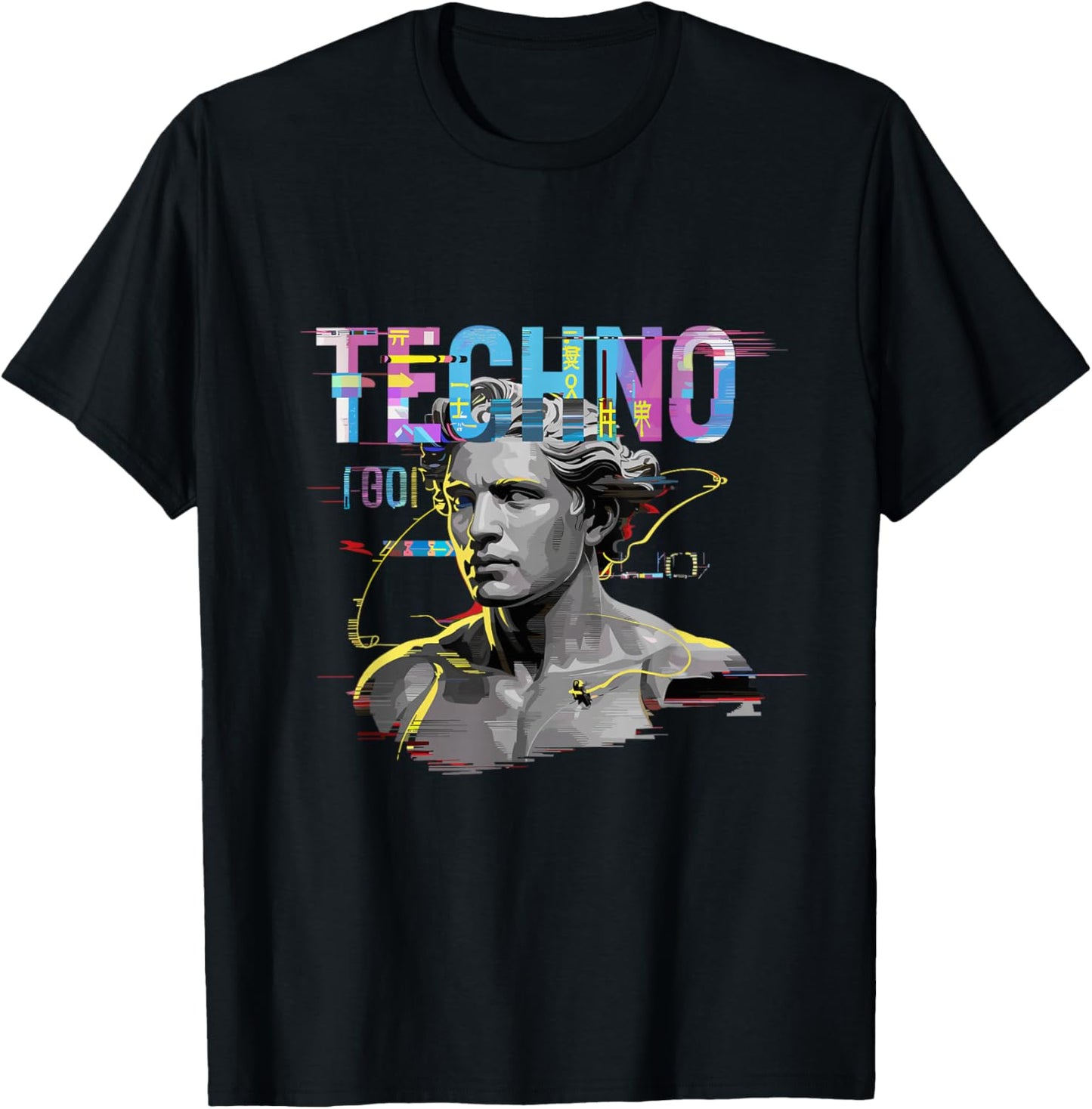 Futuristic Techno Statue Glitch Raver DJ Festival T-Shirt - T-Shirt | Black