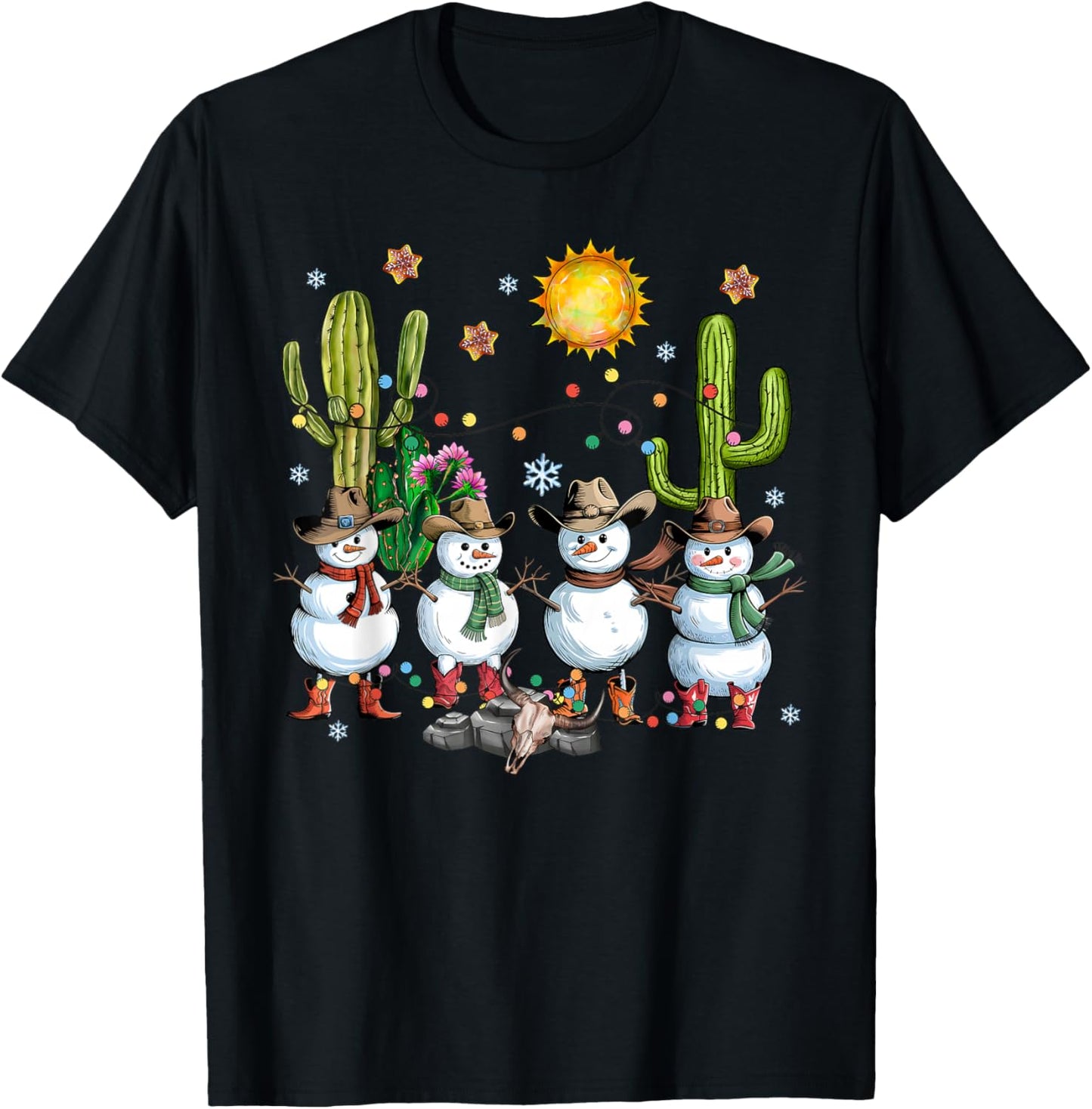 Snowman Cowboy Christmas Howdy Western Xmas Lights Boys Kids T-Shirt - T-Shirt | Black