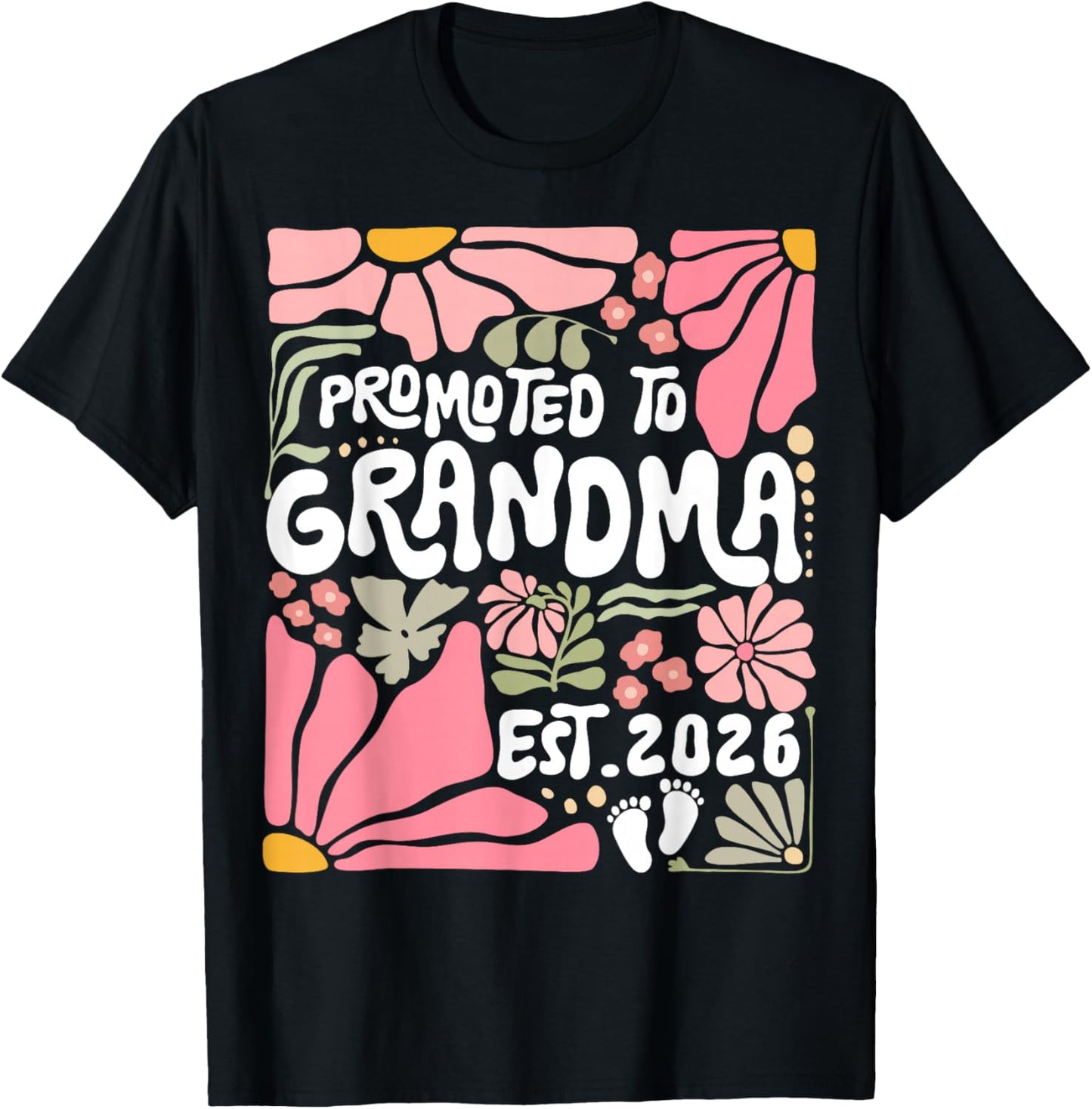 Promoted to Grandma Est. 2026 Boho Floral Grandmother Flower T-Shirt - T-Shirt | Black