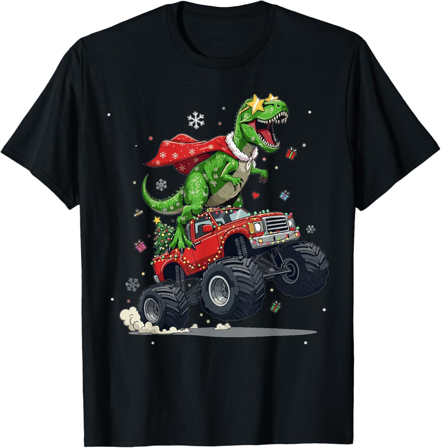 Dinosaur Christmas T Rex Monster Truck Santa Holiday T-Shirt - T-Shirt | Black