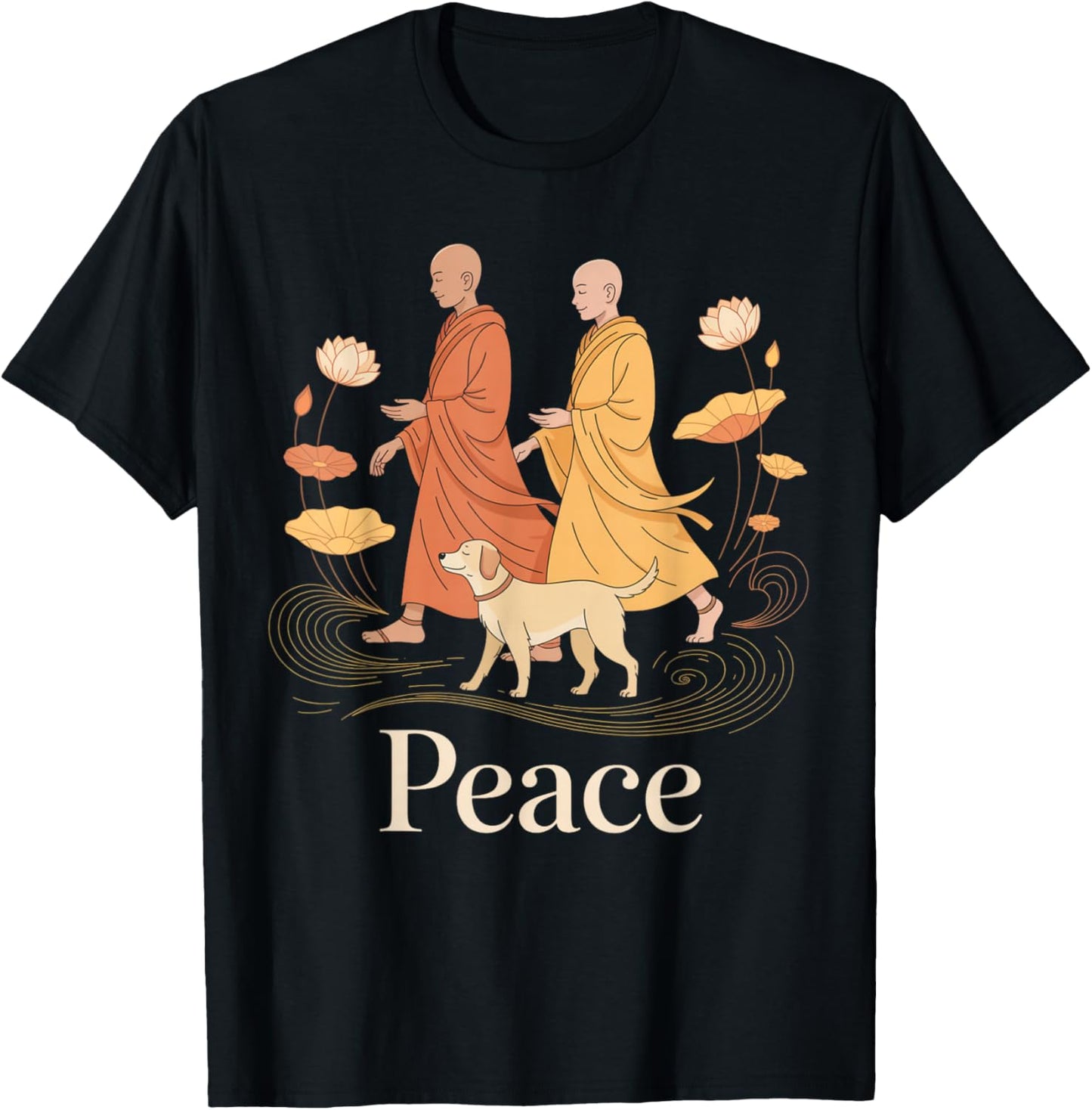 Peace Walking Monks Zen Calm Minimalist Art T-Shirt - T-Shirt | Black