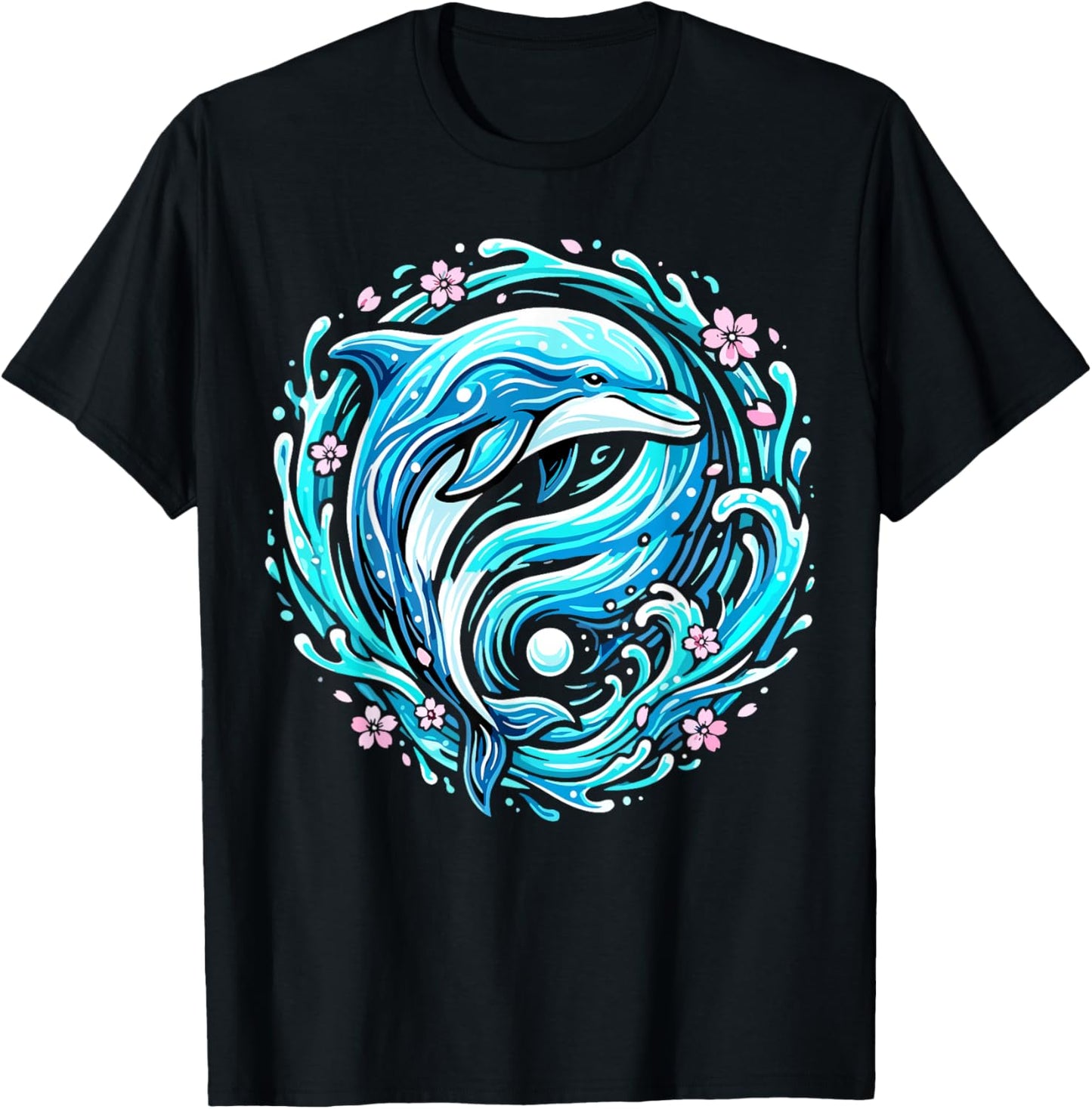 Cute Dolphin Ocean Wave Floral T-Shirt - T-Shirt | Black