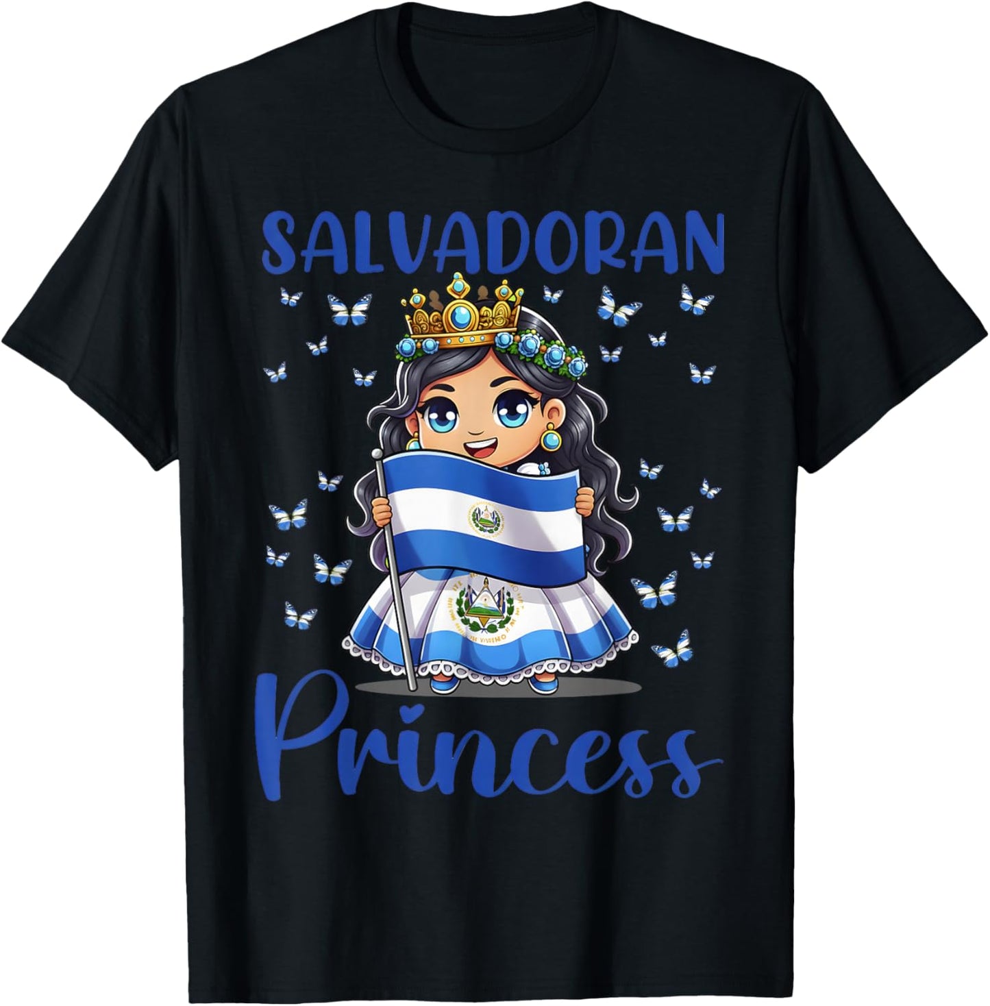 Salvadoran Princess Flag Butterfly Cute Chibi T-Shirt - T-Shirt | Black