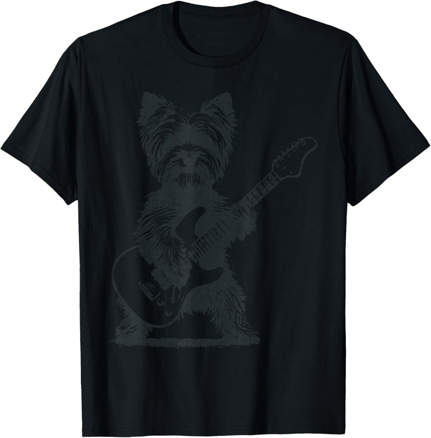 Vintage Yorkie Rock Dog Playing Guitar Funny Music Art T-Shirt - T-Shirt | Black