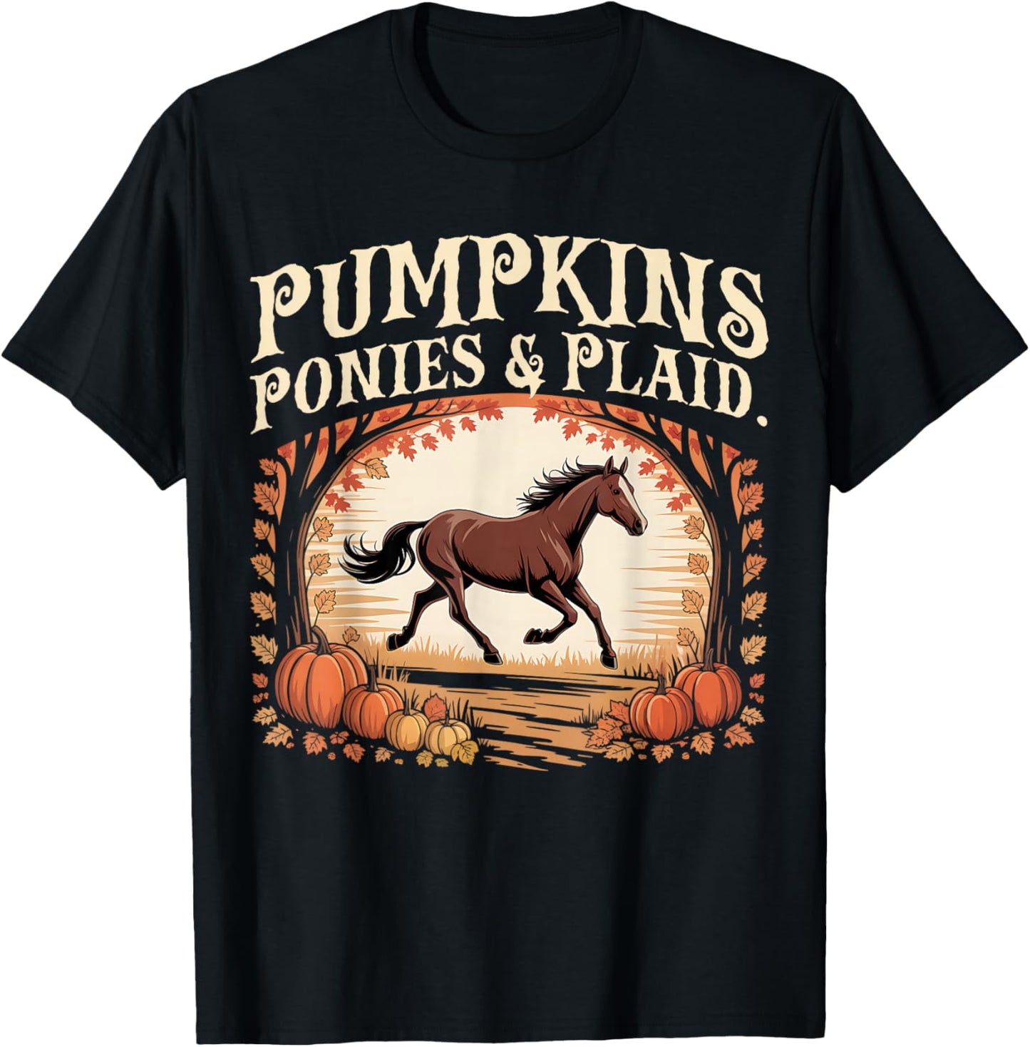 Retro Pumpkins Ponies & Plaid T-Shirt - T-Shirt | Black