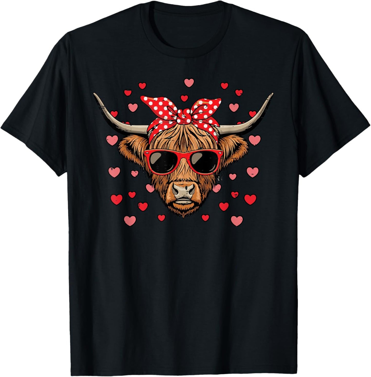 Valentines Day Highland Cow Bandana Farm Women Girls Kids T-Shirt - T-Shirt | Black