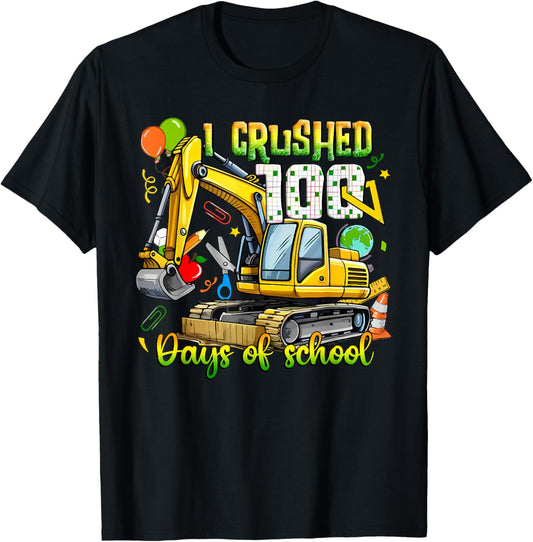 I Crushed 100 Days of School Excavator Kids Boys T-Shirt - T-Shirt | Black