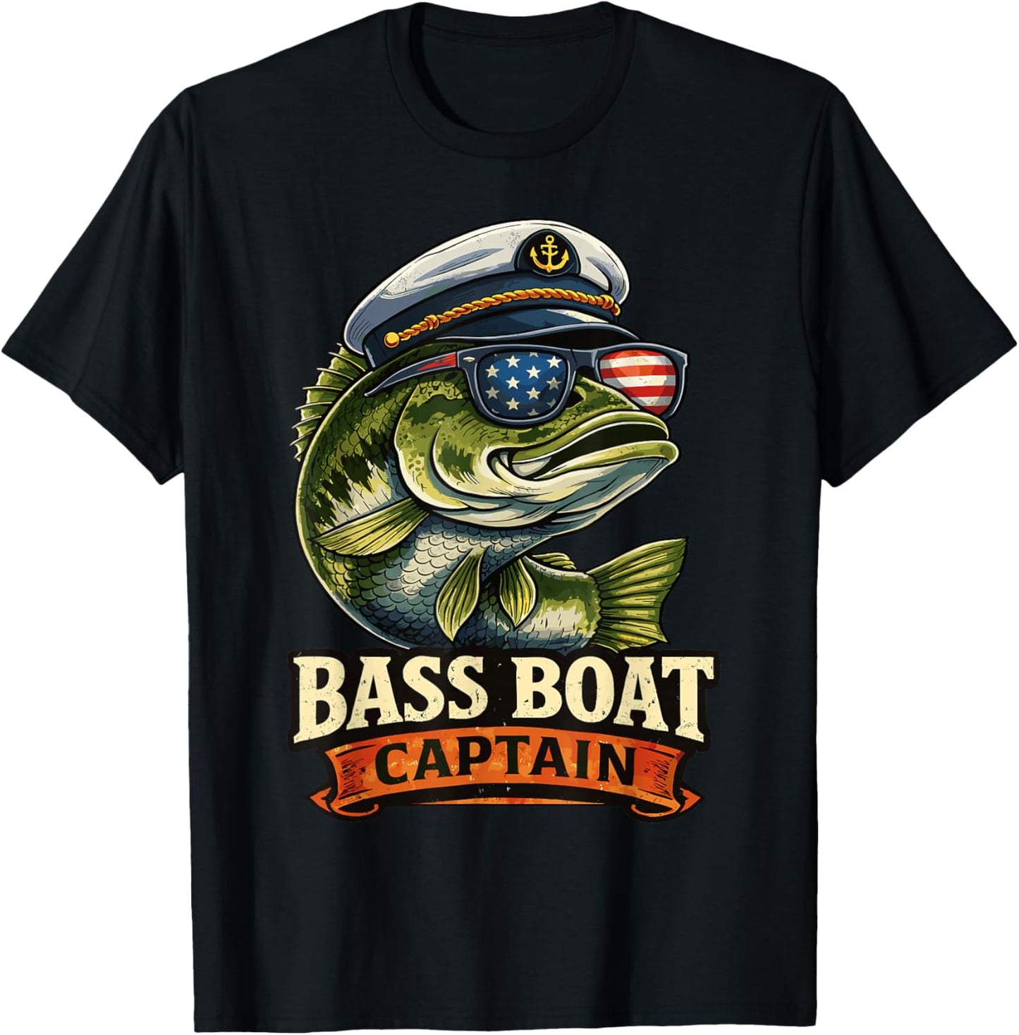 Funny Bass Boat Captain Patriotic American Flag Fishing T-Shirt - T-Shirt | Black