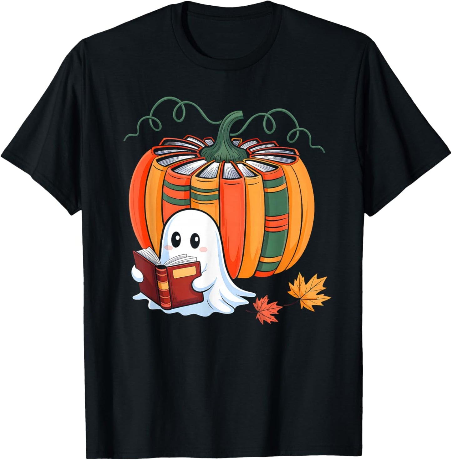 Fall Book Pumpkin Ghost Reading Books Halloween Teacher T-Shirt - T-Shirt | Black