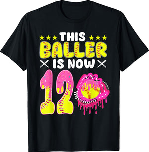 This Baller is Now 12 Year Old Bday Softball Ice Cream Drip T-Shirt - T-Shirt | Black