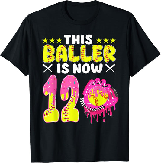 This Baller is Now 12 Year Old Bday Softball Ice Cream Drip T-Shirt - T-Shirt | Black