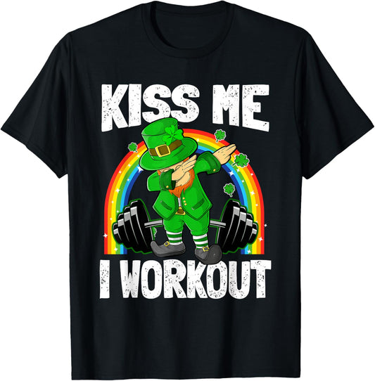 Kiss Me Funny St Patricks Day Leprechaun Workout Gym Fitness T-Shirt - T-Shirt | Black