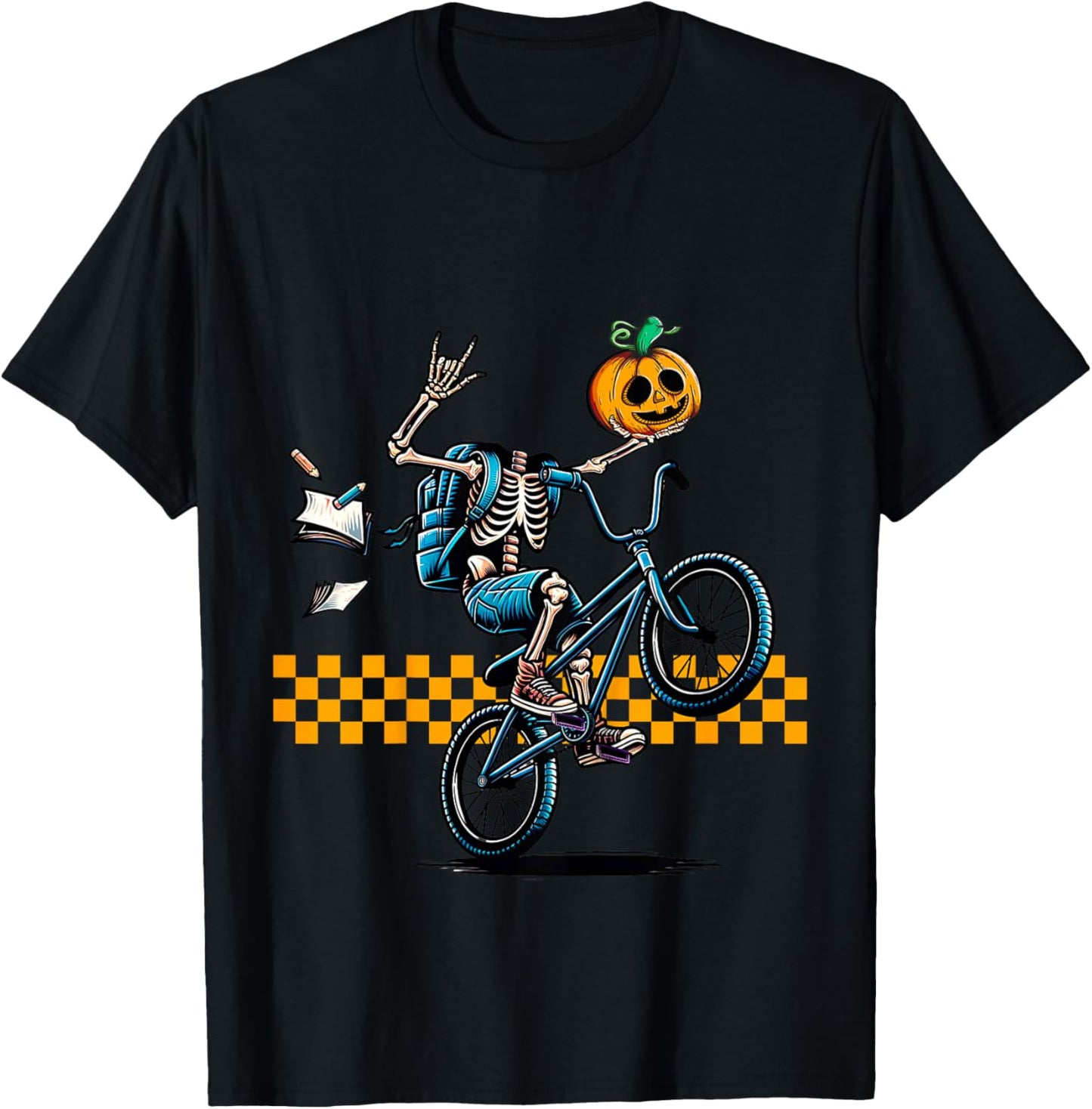 Kids Kids Halloween Skeleton Riding a BMX Bike Popping a Wheelie T-Shirt - T-Shirt | Black