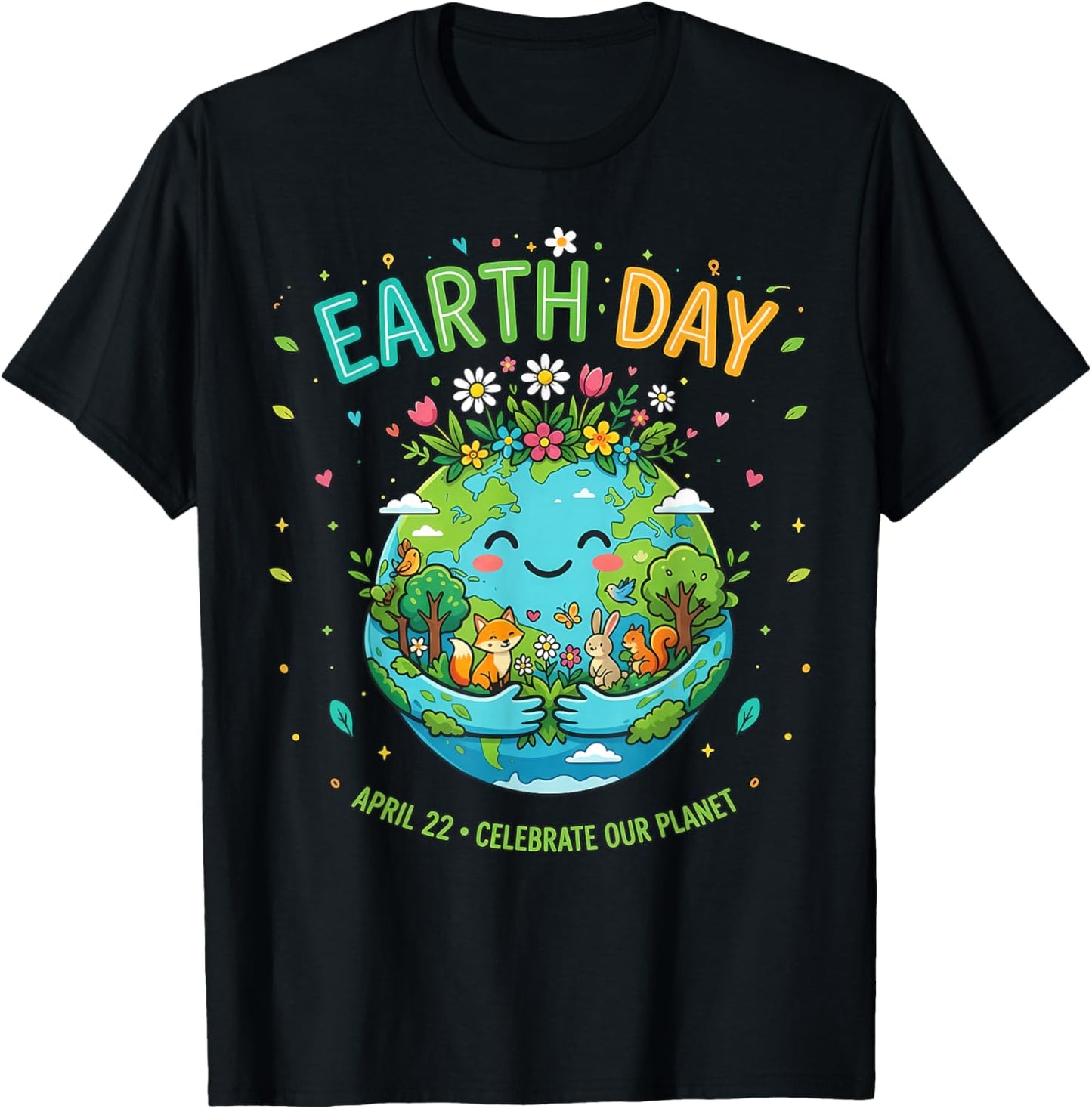 Earth Day 2026 Happy Earth Day Shirt Cute Earth with Floral T-Shirt - T-Shirt | Black