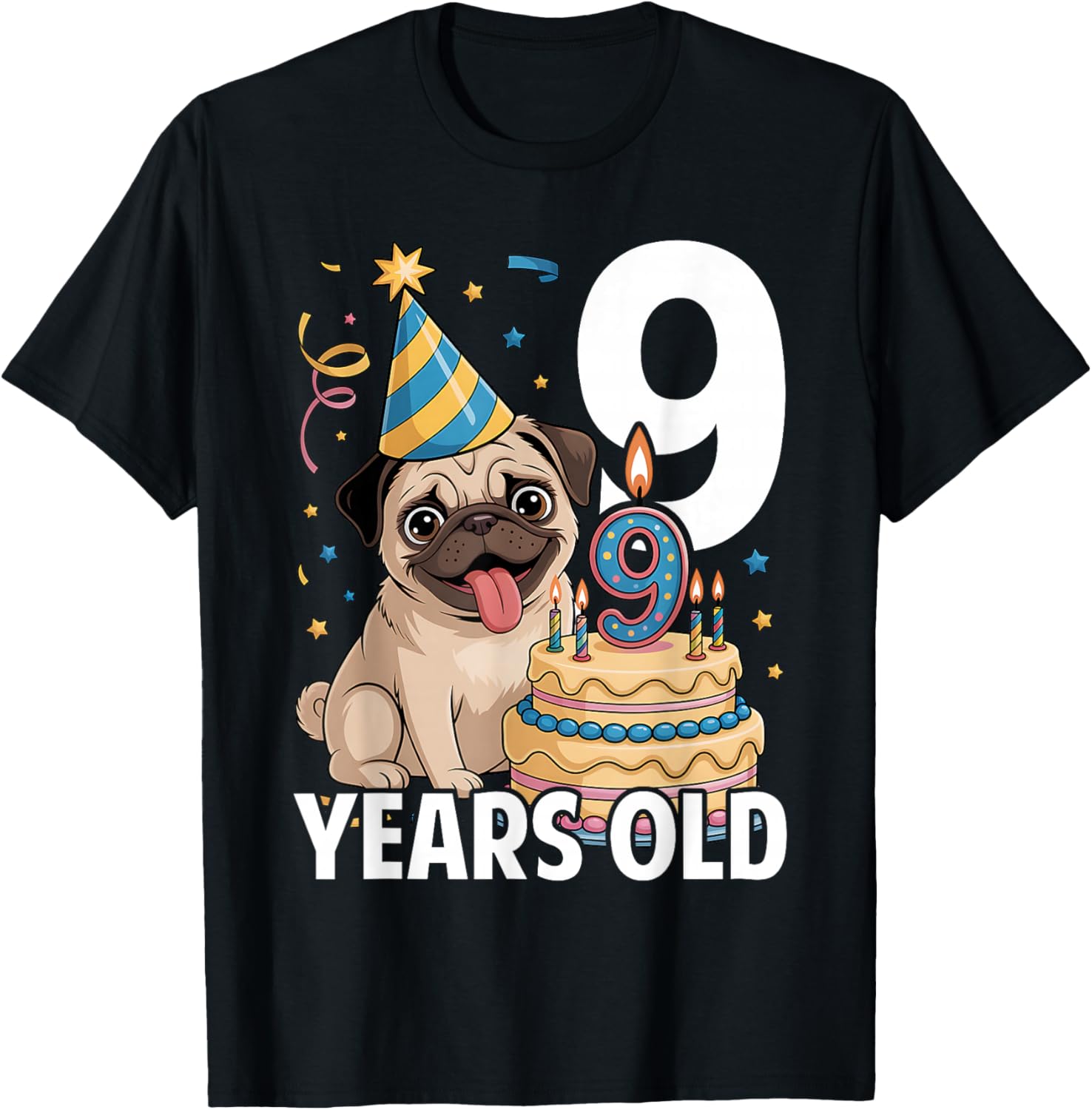 9 Years Old Birthday Pug Dog Lover Party Kids Boys Girls T-Shirt - T-Shirt | Black