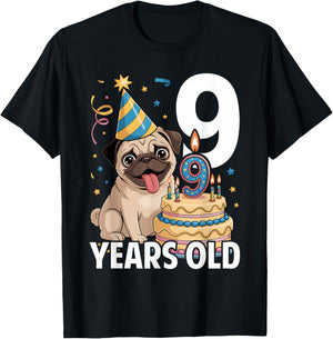 9 Years Old Birthday Pug Dog Lover Party Kids Boys Girls T-Shirt - T-Shirt | Black