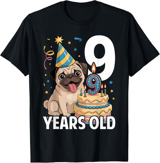9 Years Old Birthday Pug Dog Lover Party Kids Boys Girls T-Shirt - T-Shirt | Black