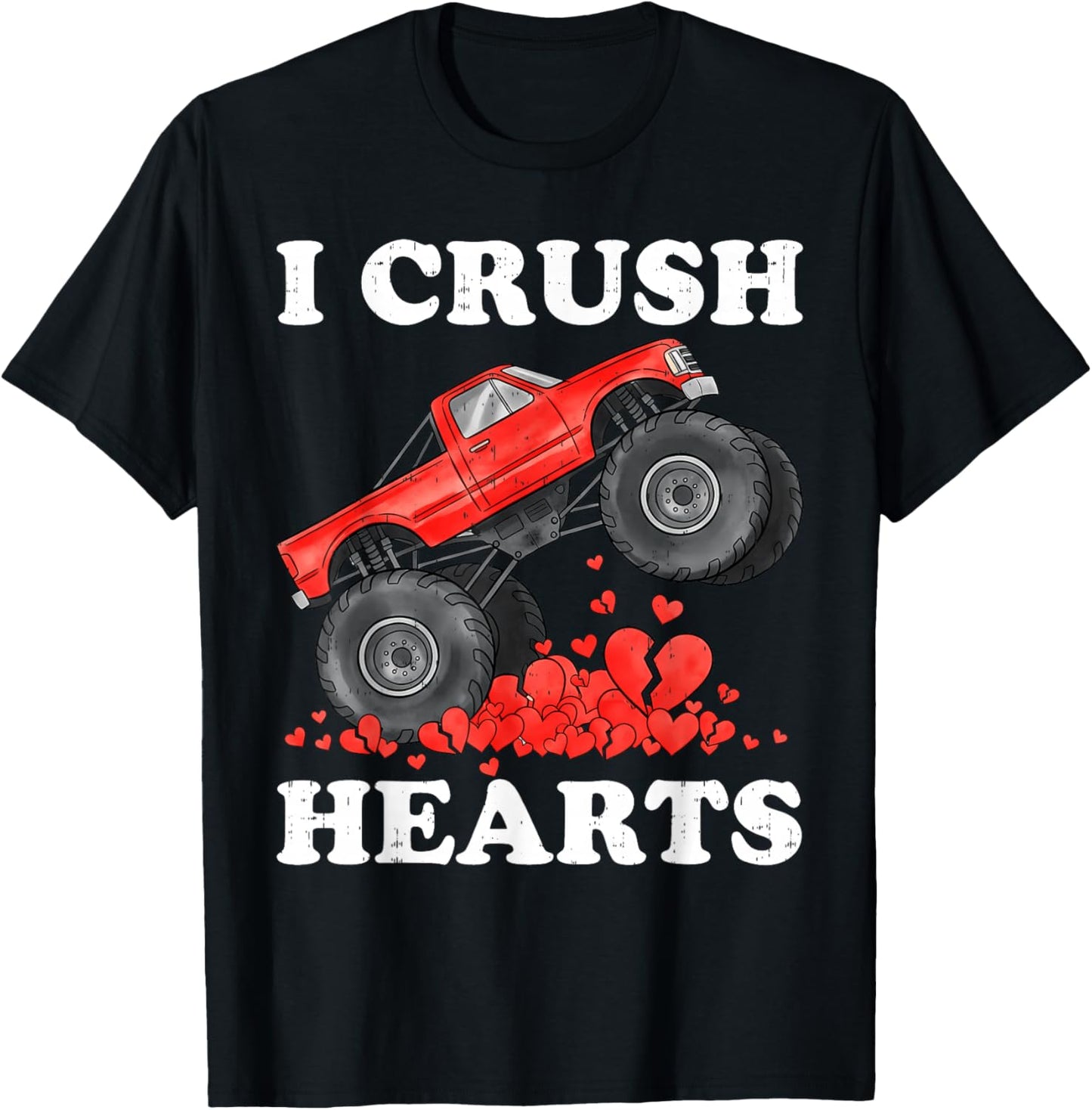 Monster Truck Teens Kids Boys I Crush Heart Valentines Day T-Shirt - T-Shirt | Black