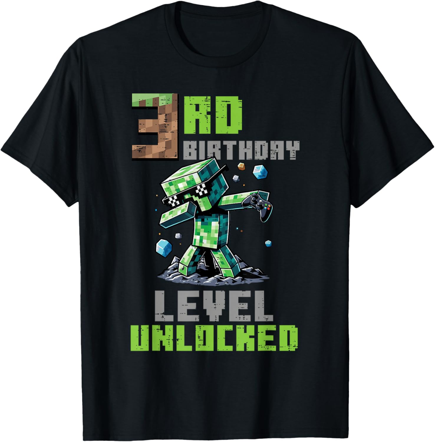 3rd Birthday Level Unlocked Pixel Dab 3 Bday Gamer Boys Kids T-Shirt - T-Shirt | Black