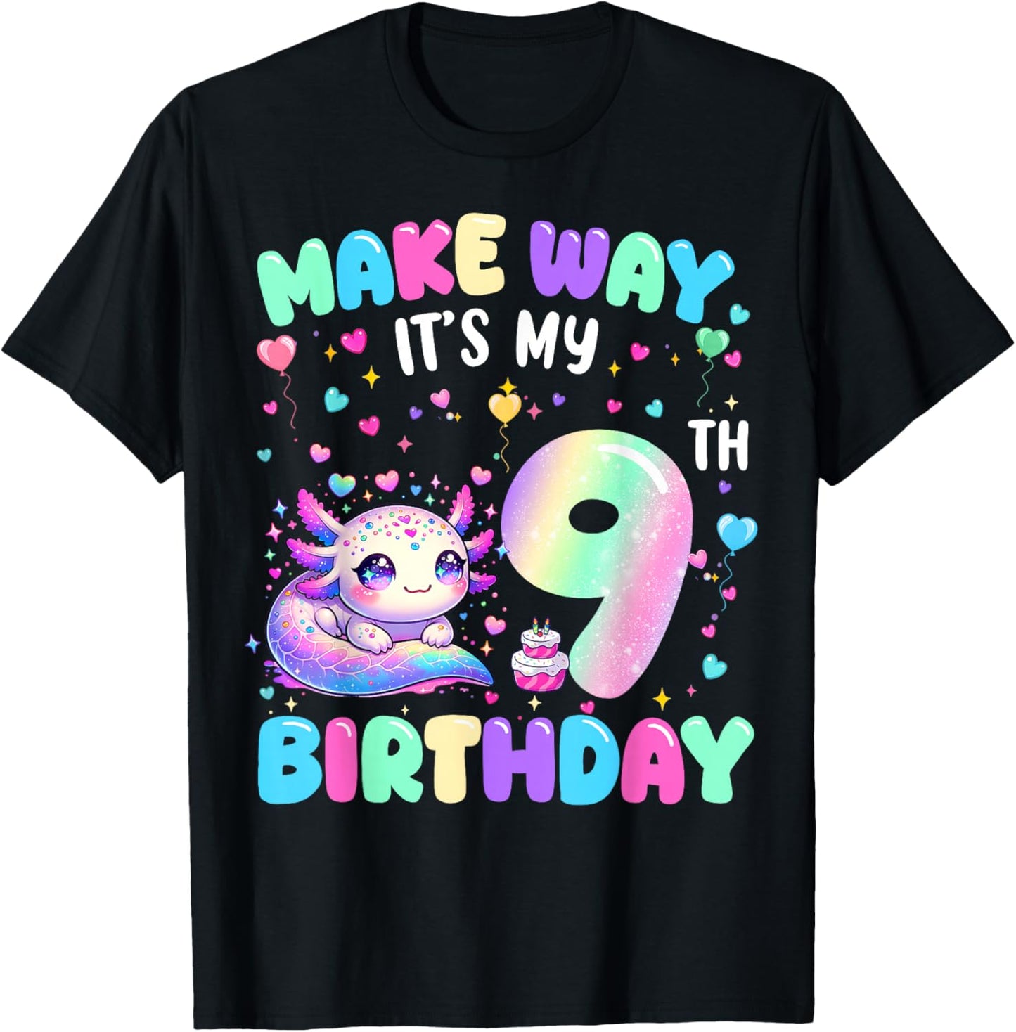 It's My 9th Birthday Girl Cute Axolotl 9 Year Old Bday Kids T-Shirt - T-Shirt | Black