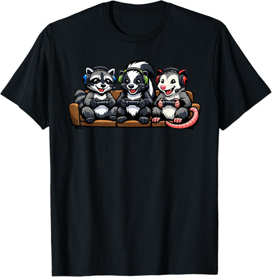 Raccoon Possum Skunk Funny Video Games Gamer T-Shirt - T-Shirt | Black