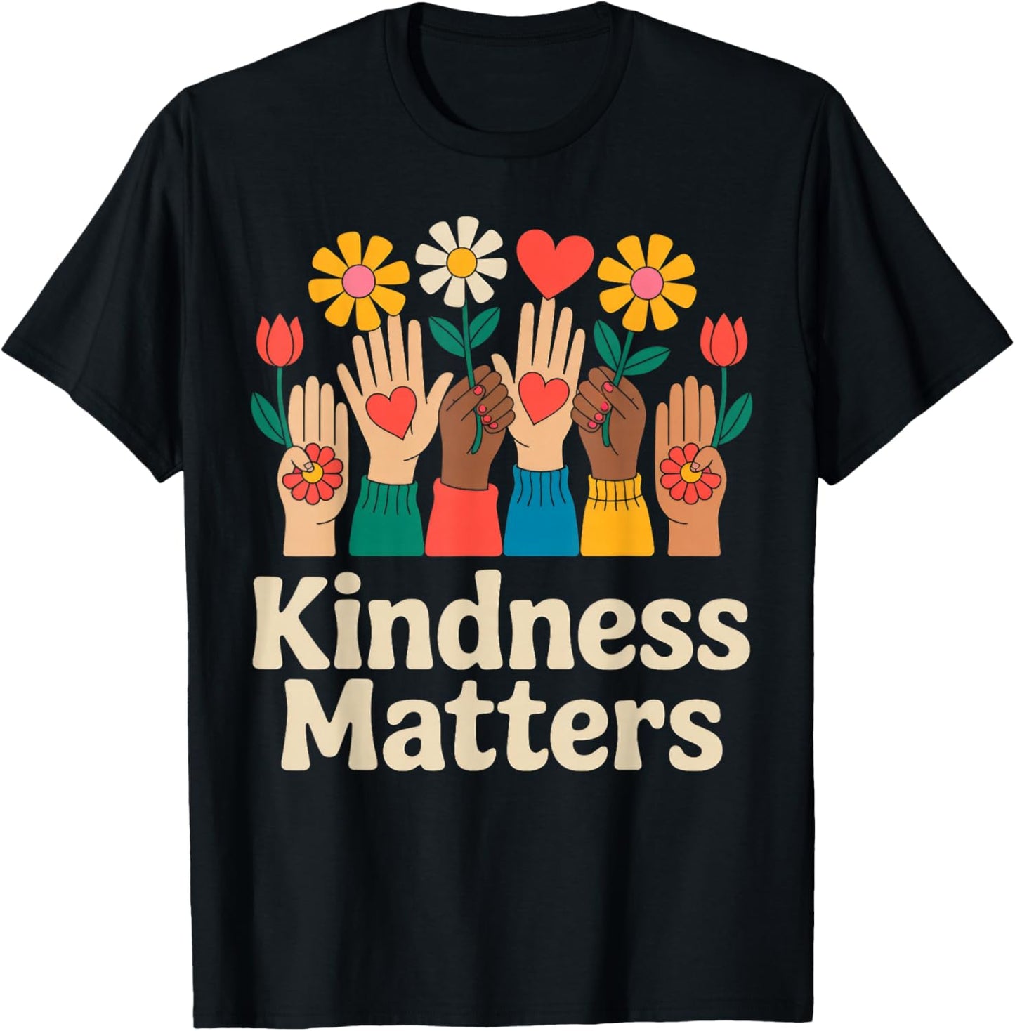 Kindness Matters Retro Floral Hands Positive Message T-Shirt - T-Shirt | Black