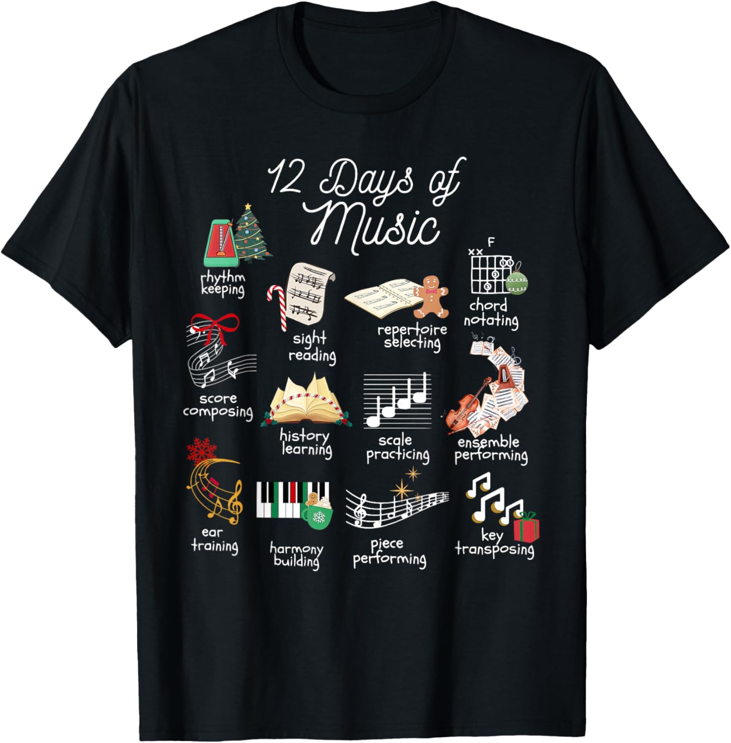 12 Days of Music Teacher Christmas Musician Band Teaching T-Shirt - T-Shirt | Black