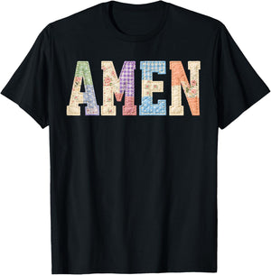 Amen He is Risen Patchwork Happy Easter Day Jesus Christian T-Shirt - T-Shirt | Black