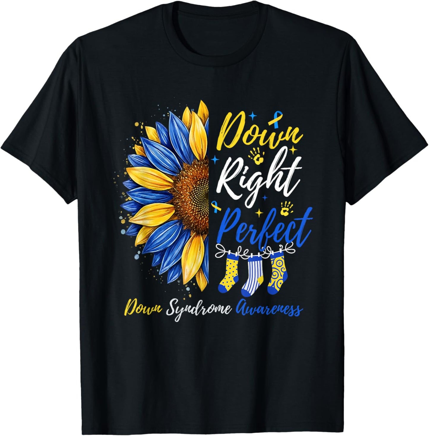 Down Right Perfect Down Syndrome Awareness Ribbon Sunflower T-Shirt - T-Shirt | Black
