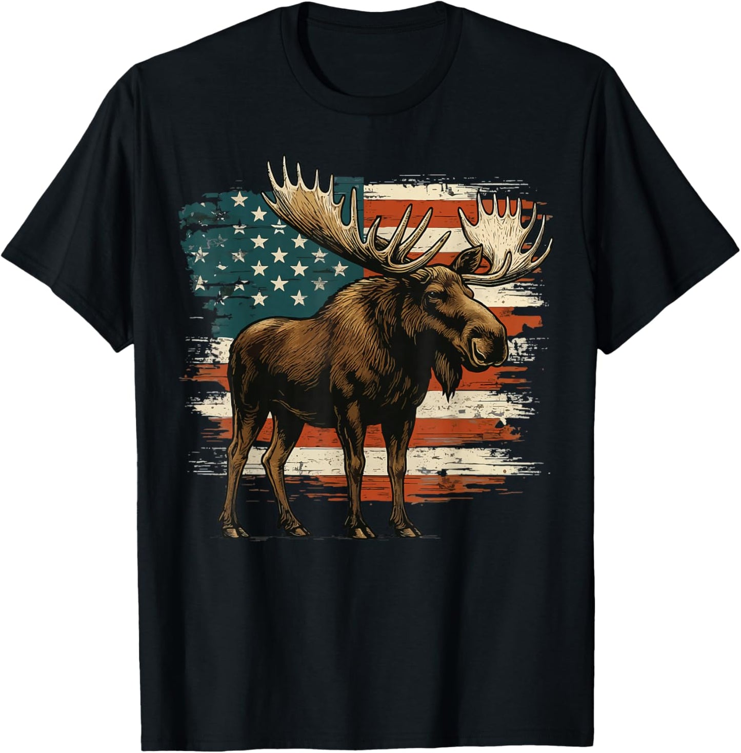 Moose USA Flag Alaska Wildlife T-Shirt - T-Shirt | Black