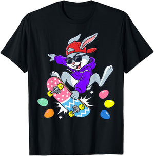 Skater Bunny Funny Happy Egg Toddler Kids Outfit Boys Easter T-Shirt - T-Shirt | Black