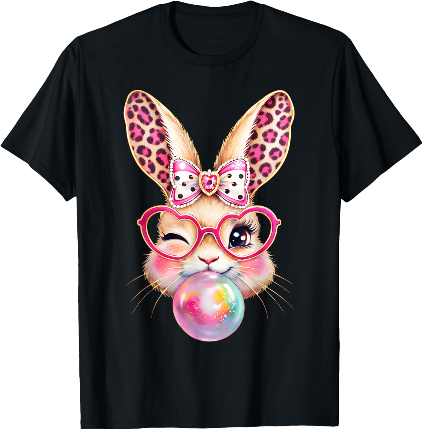 Easter Day Bunny Rabbit Face Leopard Bubble Gum Girl Women T-Shirt - T-Shirt | Black