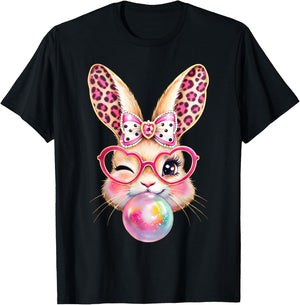 Easter Day Bunny Rabbit Face Leopard Bubble Gum Girl Women T-Shirt - T-Shirt | Black
