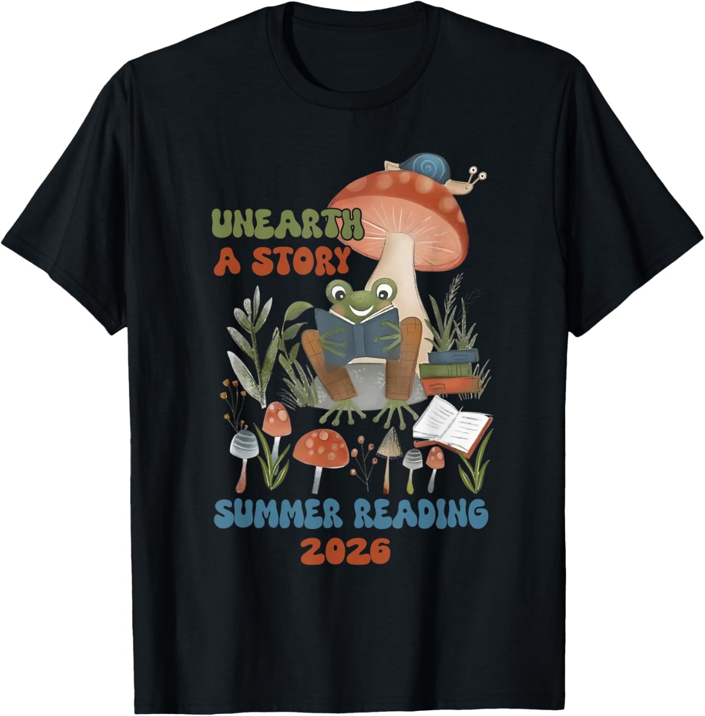 Unearth a Story Summer Reading Program 2026 Frog Book Lover T-Shirt - T-Shirt | Black