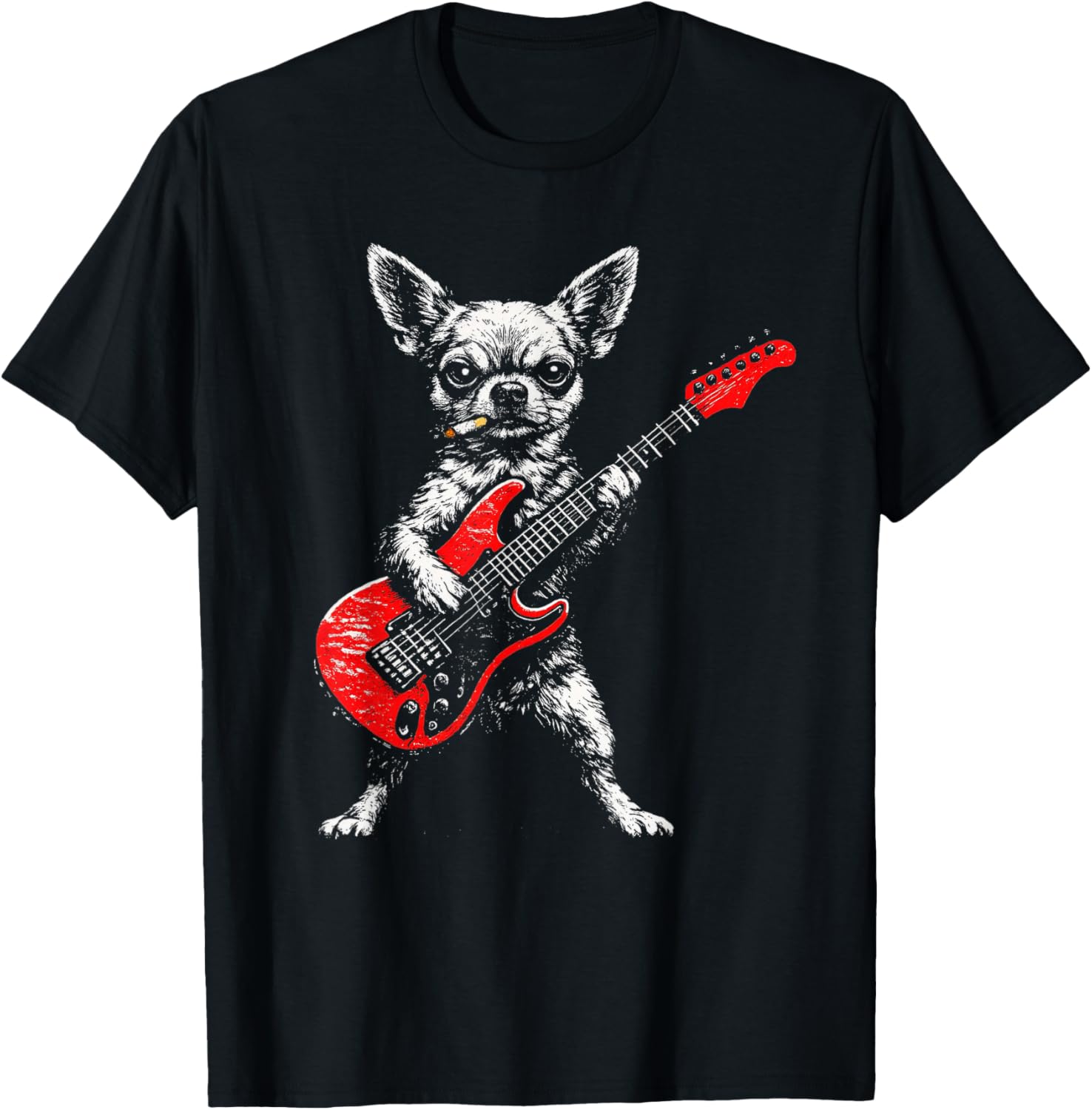 Smoking Dog Funny Chihuahua Meme Playing Guitar Rock T-Shirt - T-Shirt | Black