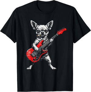 Smoking Dog Funny Chihuahua Meme Playing Guitar Rock T-Shirt - T-Shirt | Black