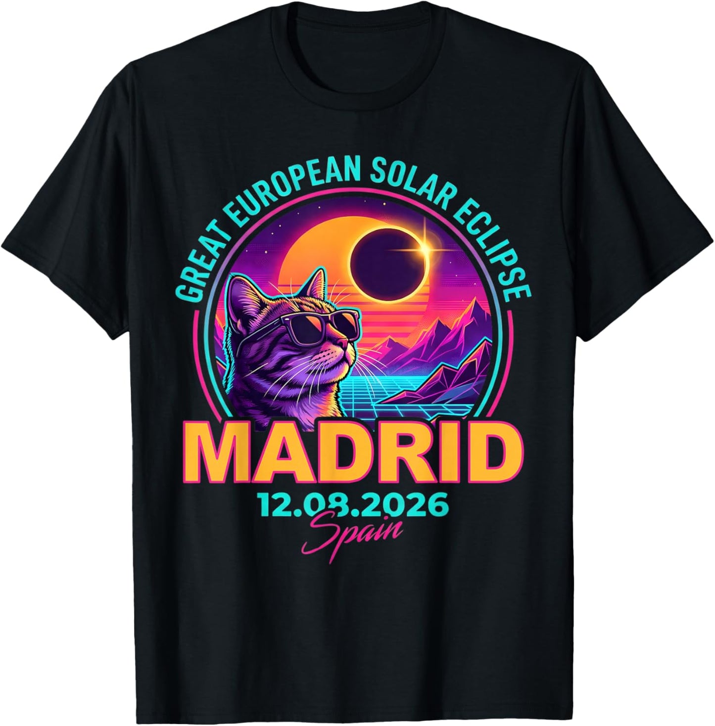 Great European Solar Eclipse 2026 Madrid Spain Cat Retro T-Shirt - T-Shirt | Black