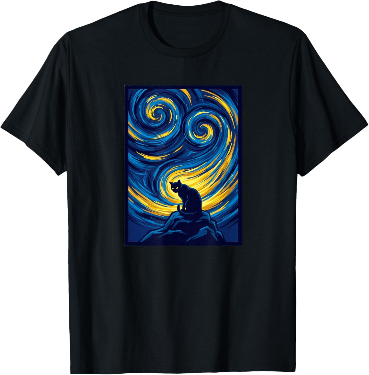 Starry Night Cat on Swirling Sky Art T-Shirt - T-Shirt | Black